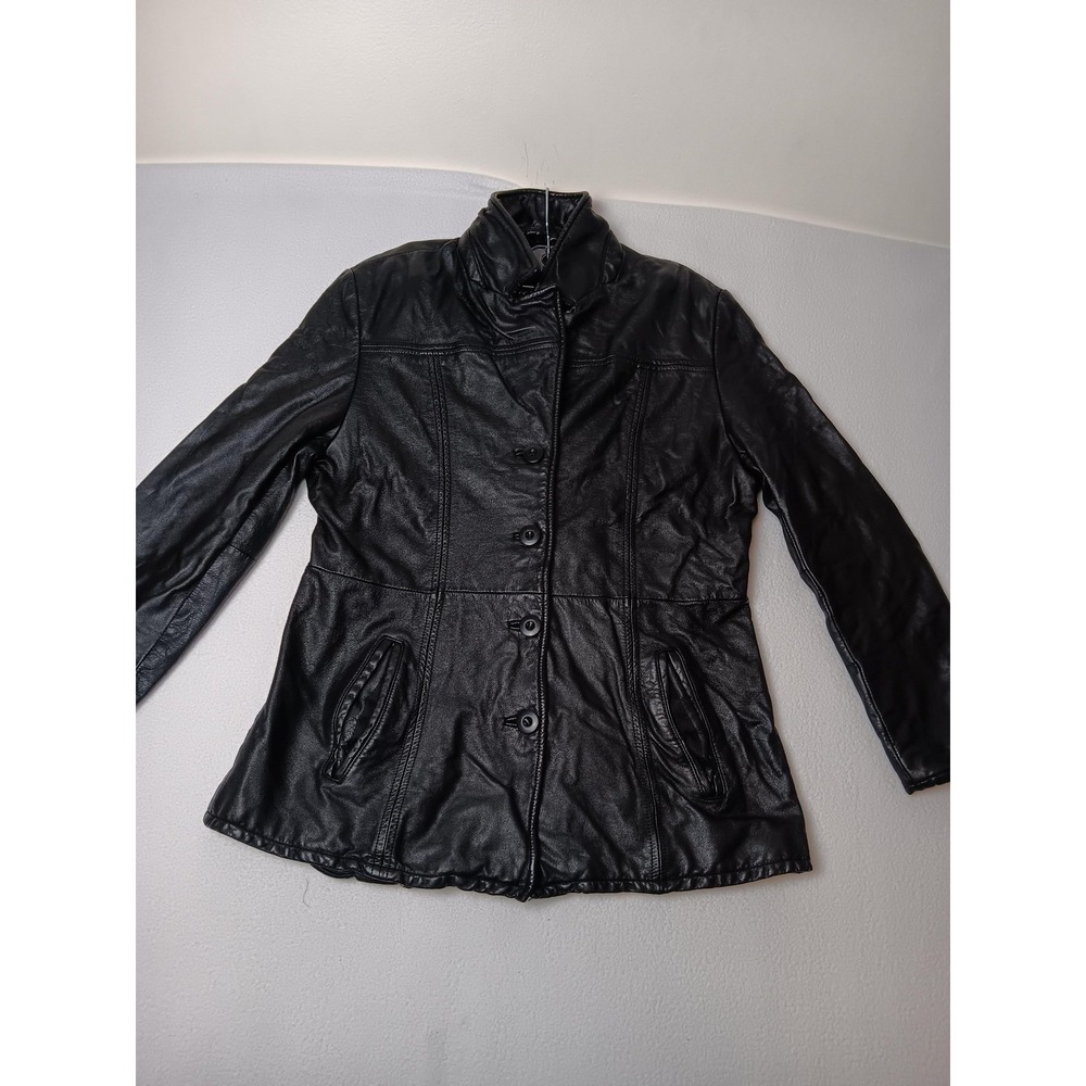 Wilsons Leather Jacket Womens L Black Button Front Mid Length Collared Lined